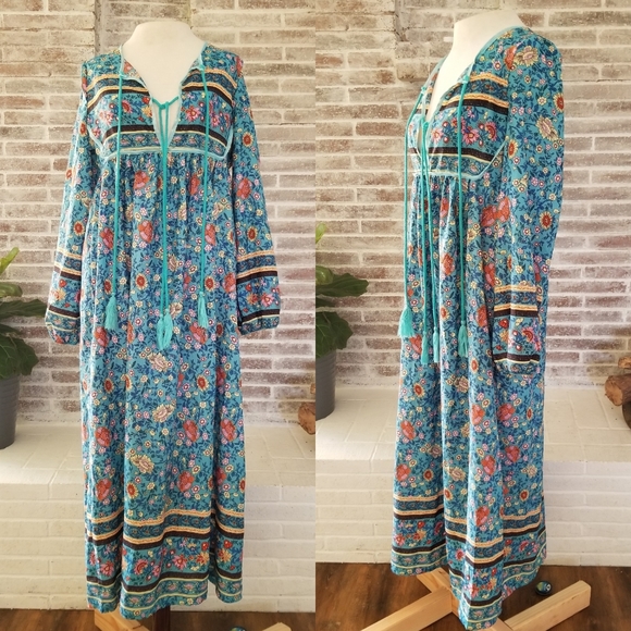 Gypsy Bohemian Turquoise Maxi Dress Folk Town - Picture 2 of 7